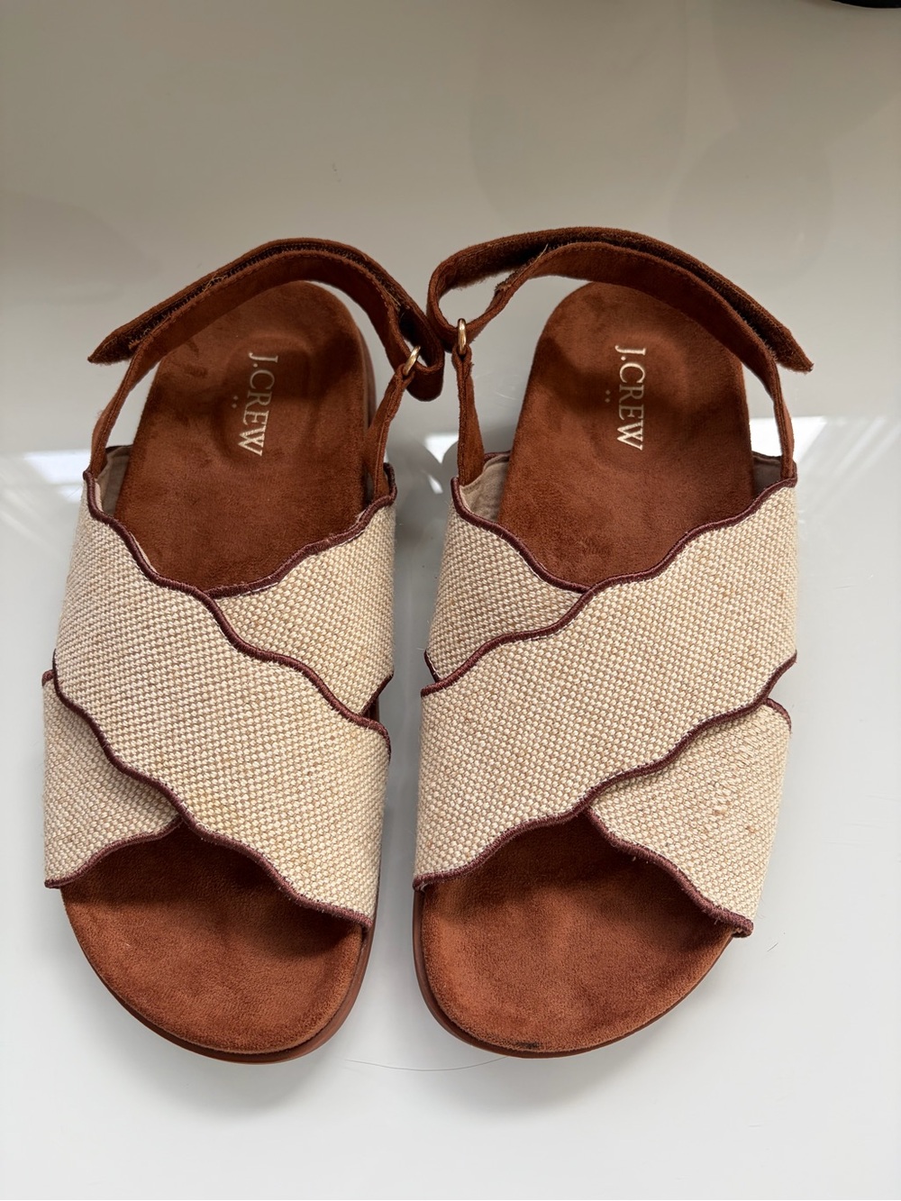 J. Crew Cream Woven Scalloped Strap Sandals with Brown Wide Footbed